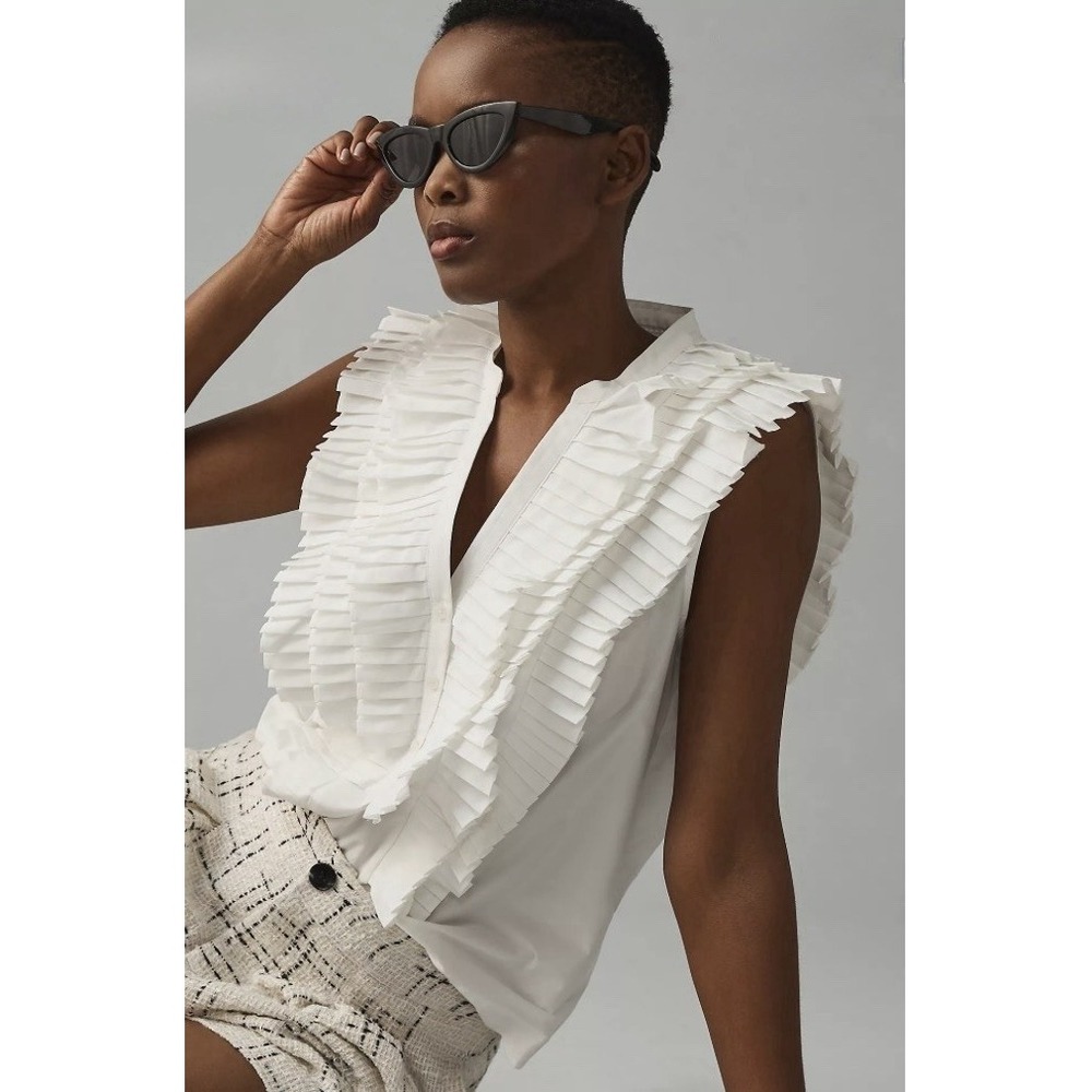 Maeve Anthropologie White Sleeveless Ruffled Blouse Large New - Picture 3 of 14